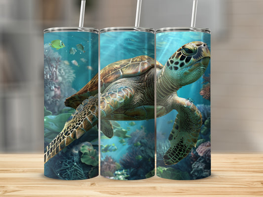 Sea turtle swimming underwater with coral reef and fish.
