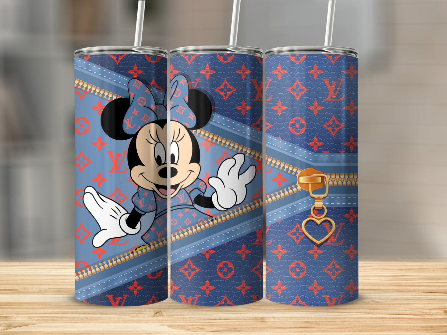 Minnie Mouse on denim background with gold zipper and heart charm.