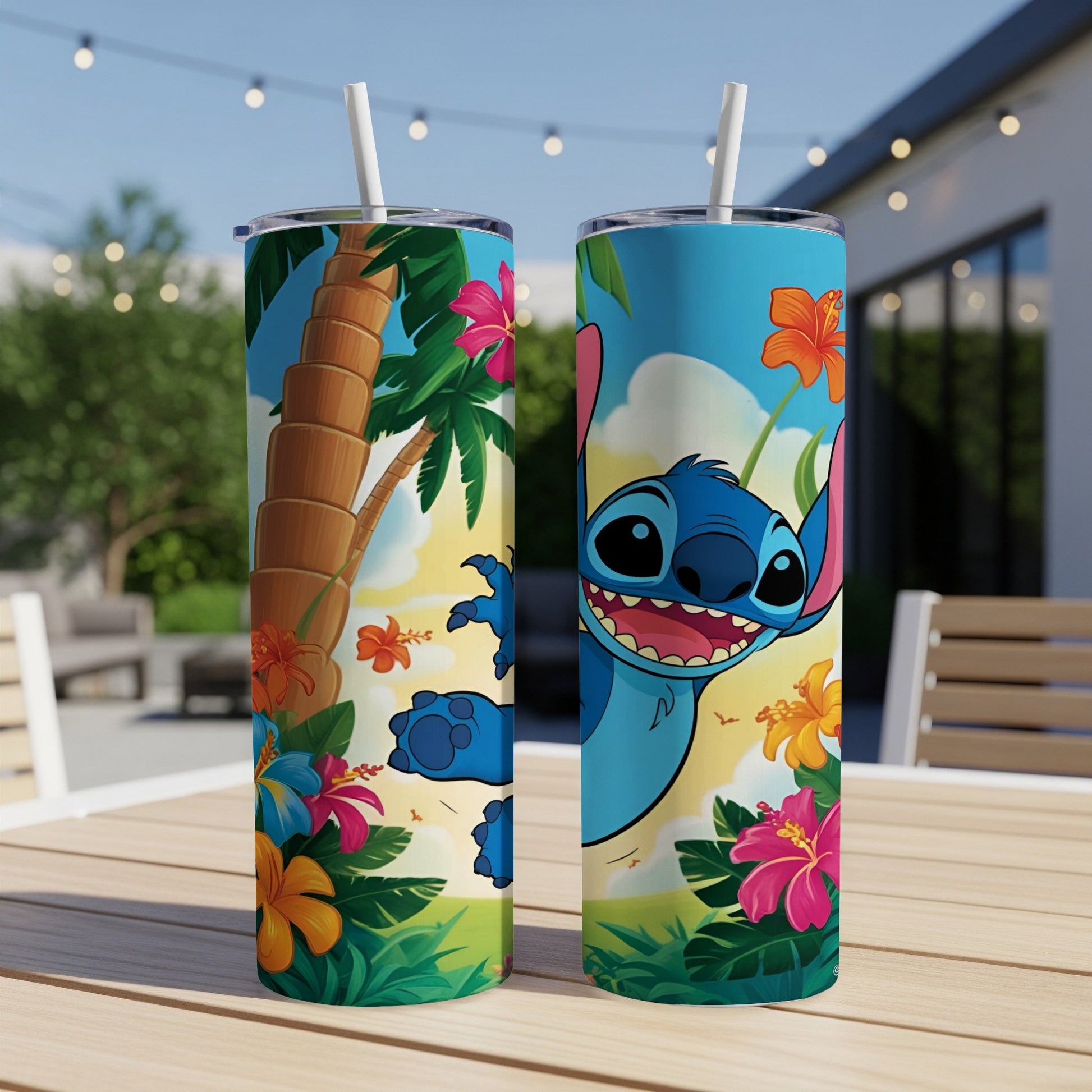 Two insulated tumblers featuring Stitch from Lilo & Stitch with tropical flowers and palm trees.
