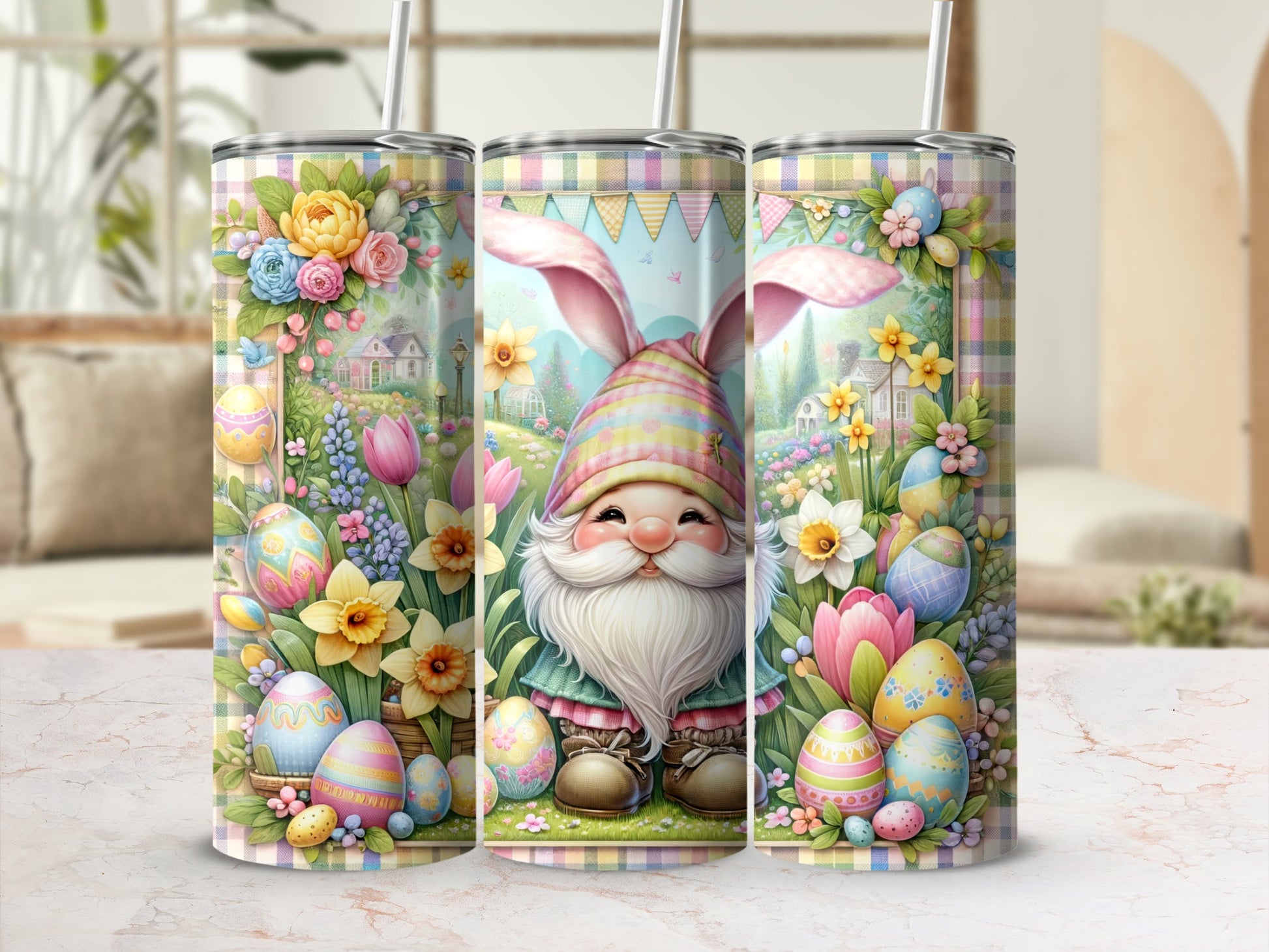 Easter gnome with bunny ears, colorful eggs, and spring flowers on tumbler.
