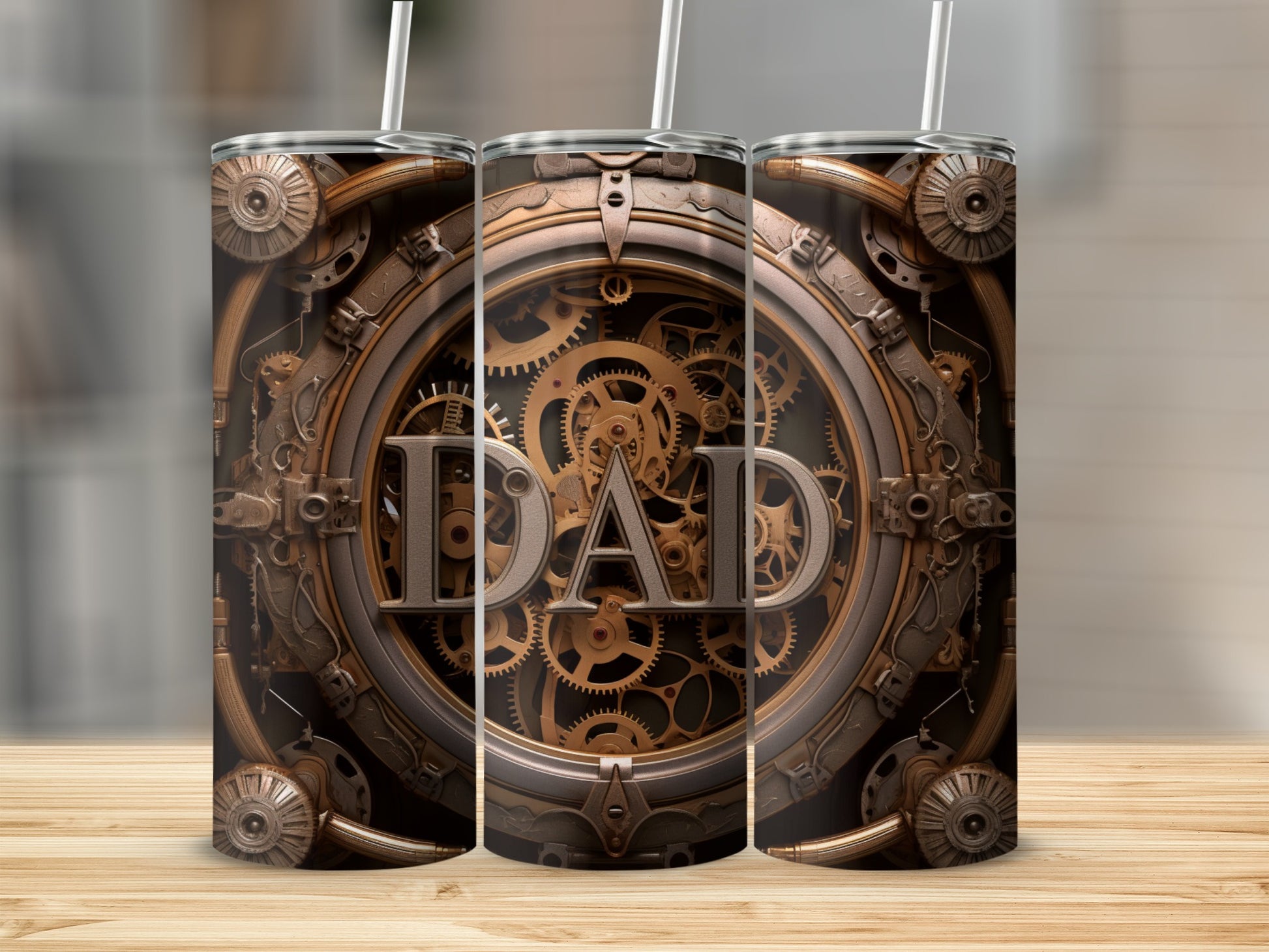 Steampunk DAD tumbler with gears and mechanical details.