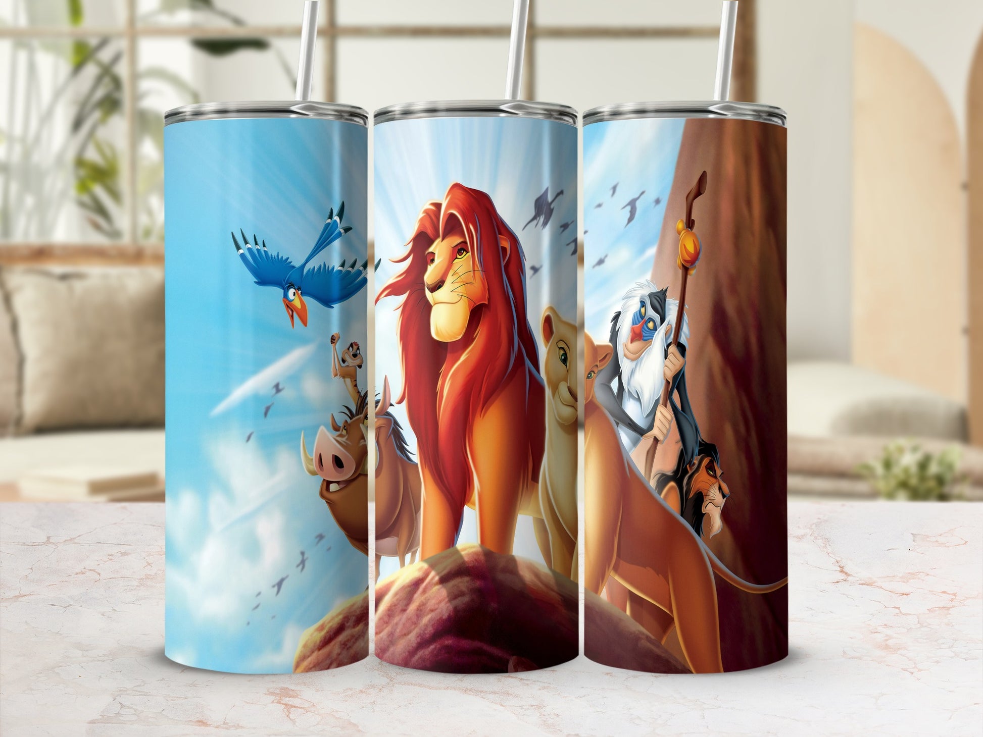 The Lion King characters Simba, Timon, Pumbaa, and Rafiki on a tumbler.