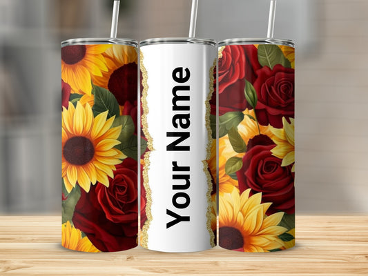 Personalized Floral Sunflower and Rose Design Tumbler