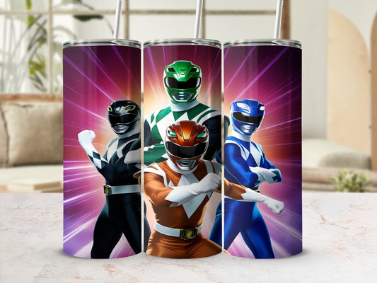 Four Power Rangers in costume stand in a line, with glowing energy effects.