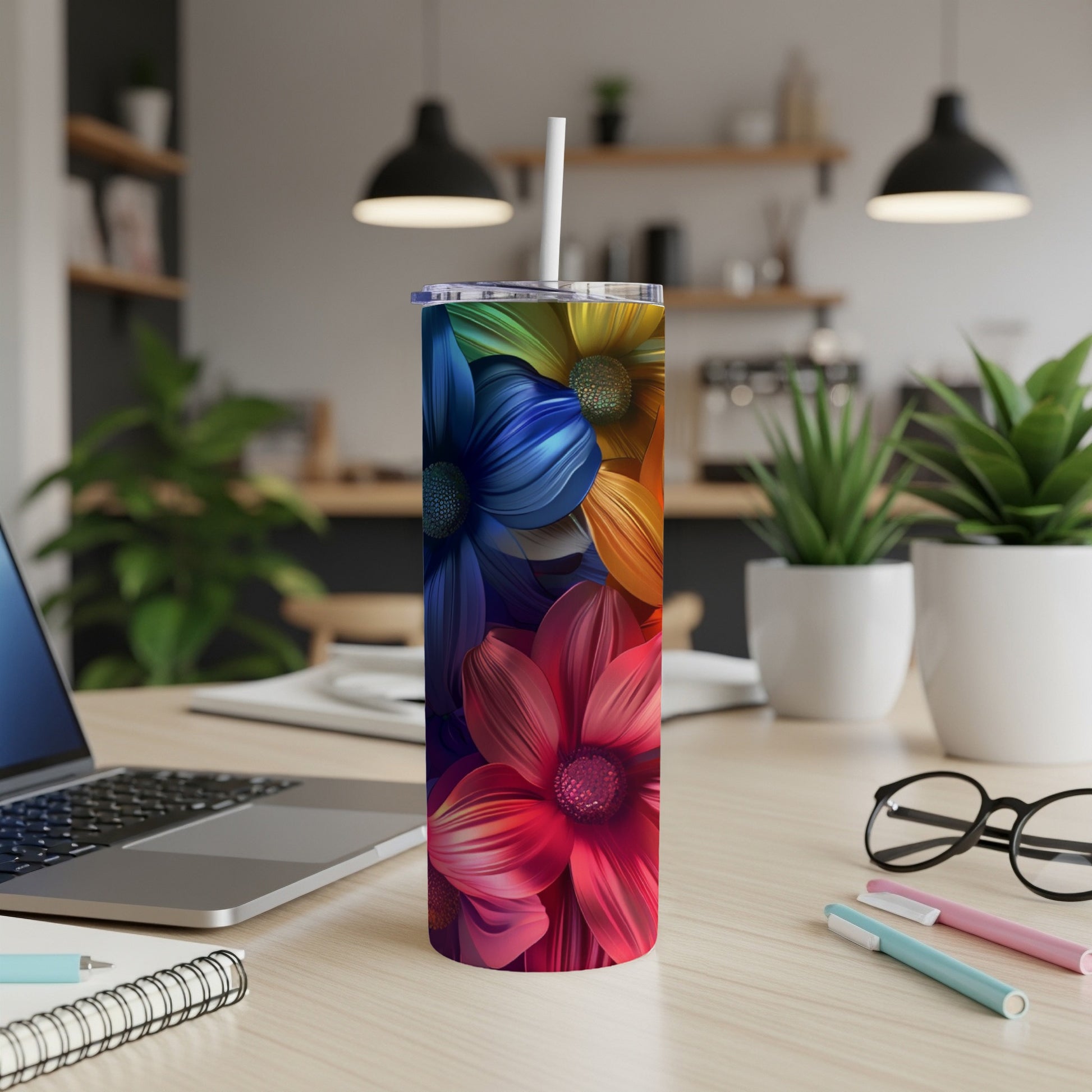 Rainbow floral pattern tumbler with straw on desk.