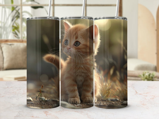 Kitten with fluffy fur and bright eyes on a wood surface.
