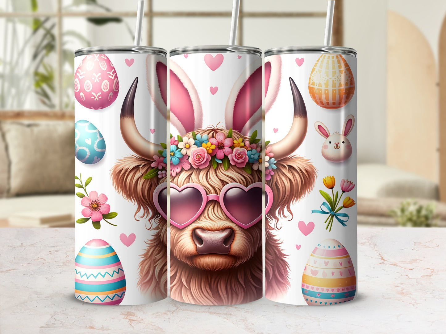 Easter Highland cow with bunny ears and heart sunglasses, surrounded by patterned eggs.