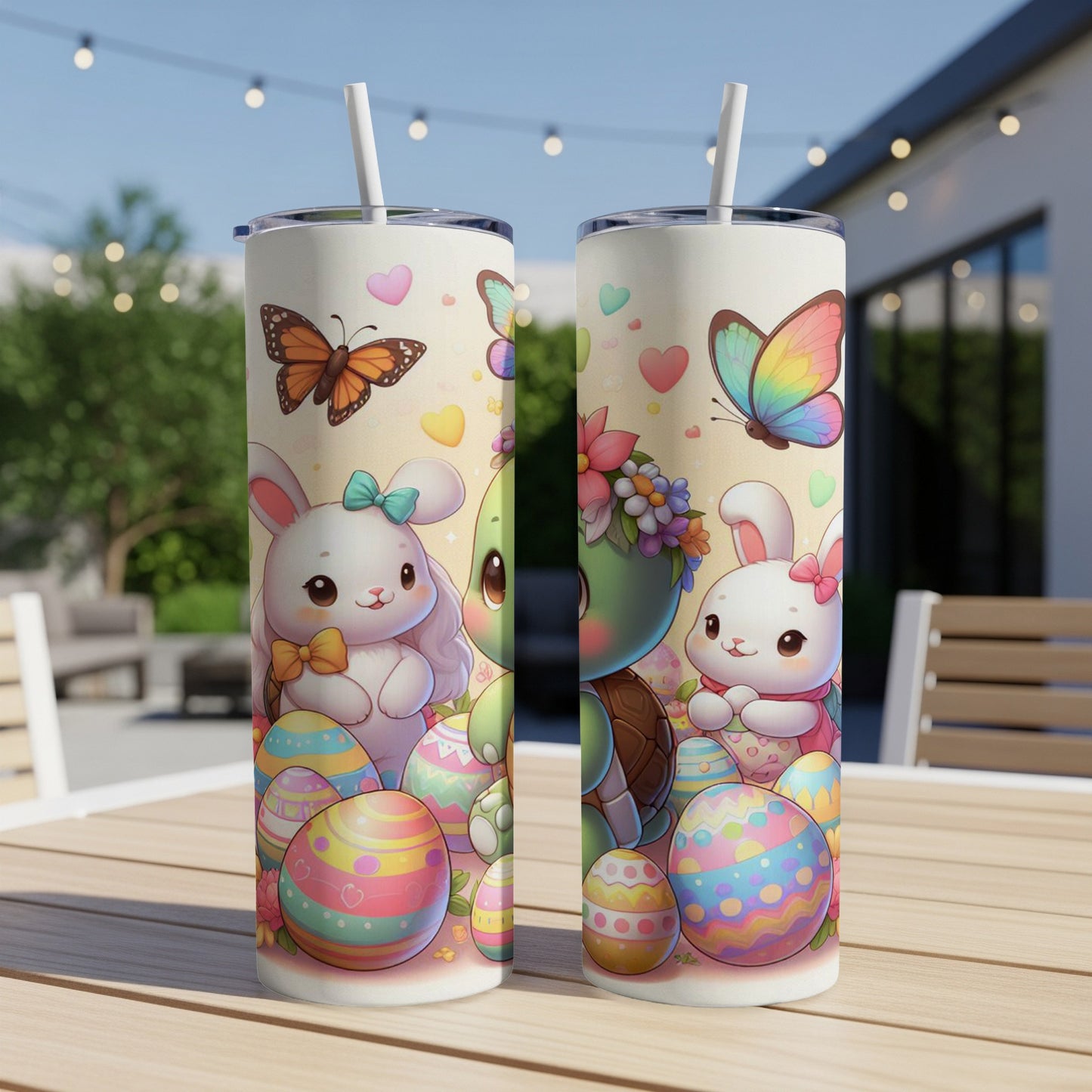 Easter tumblers with bunnies, a turtle, and colorful eggs, butterflies, and hearts.