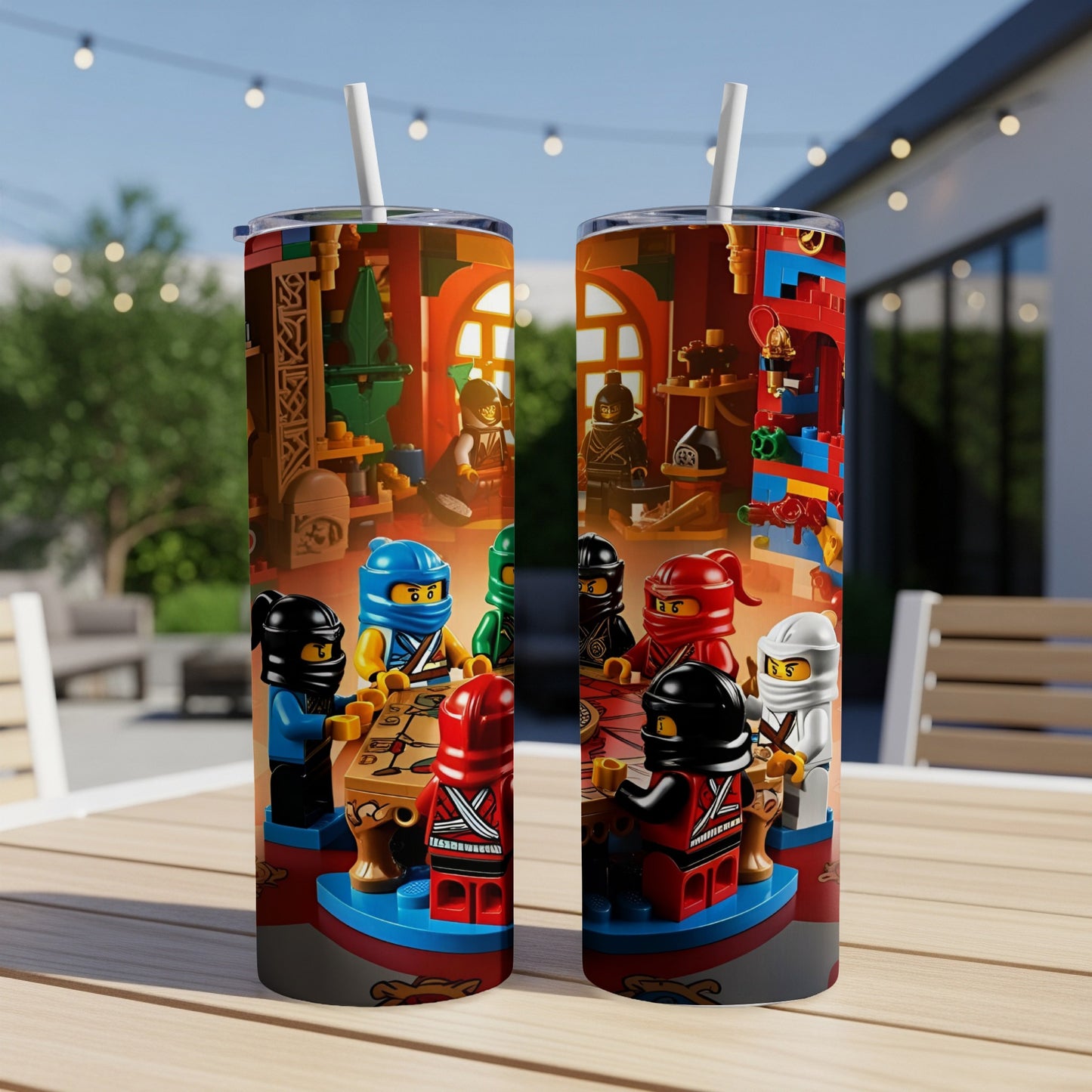 Lego Ninjago characters around a table in a colorful room.