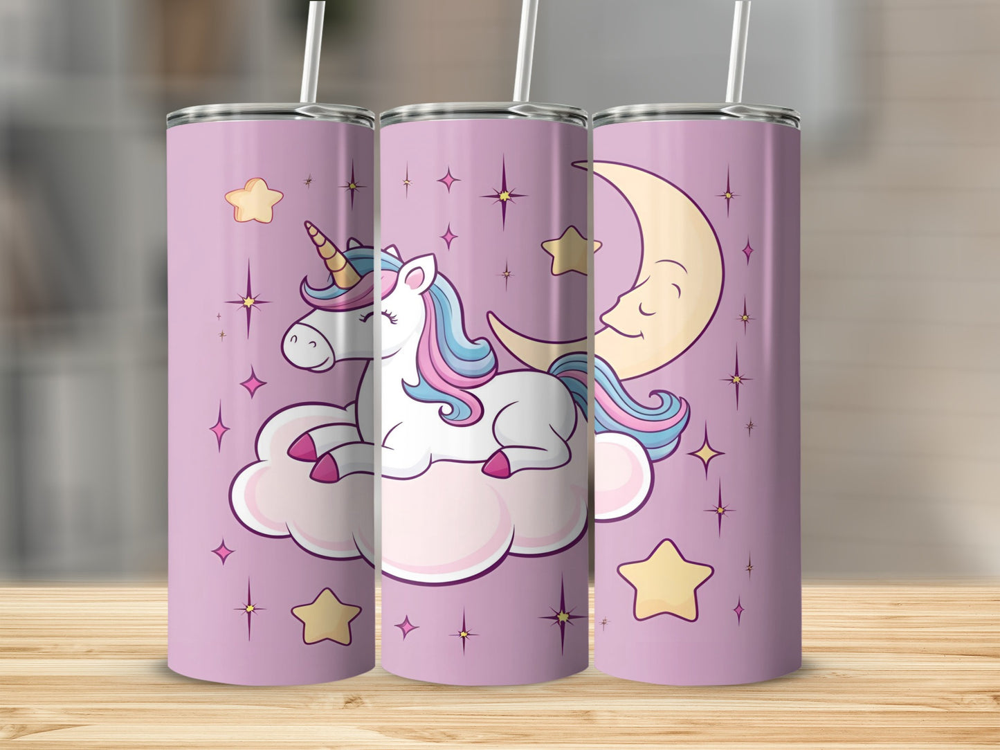 Unicorn on cloud with crescent moon and stars, pink background.