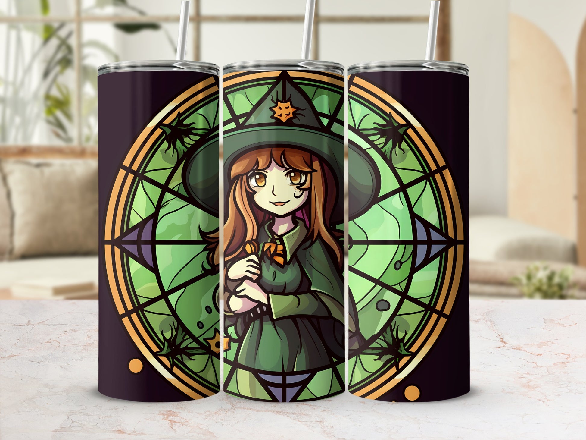 Cartoon witch with stained glass design on a tumbler.