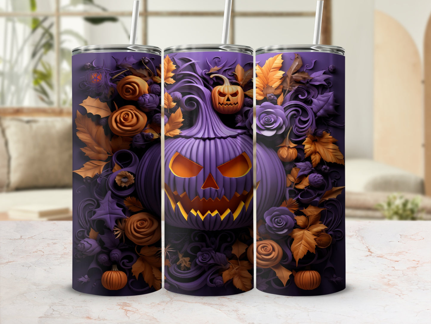 Purple tumbler with a jack-o'-lantern and autumn leaves design.