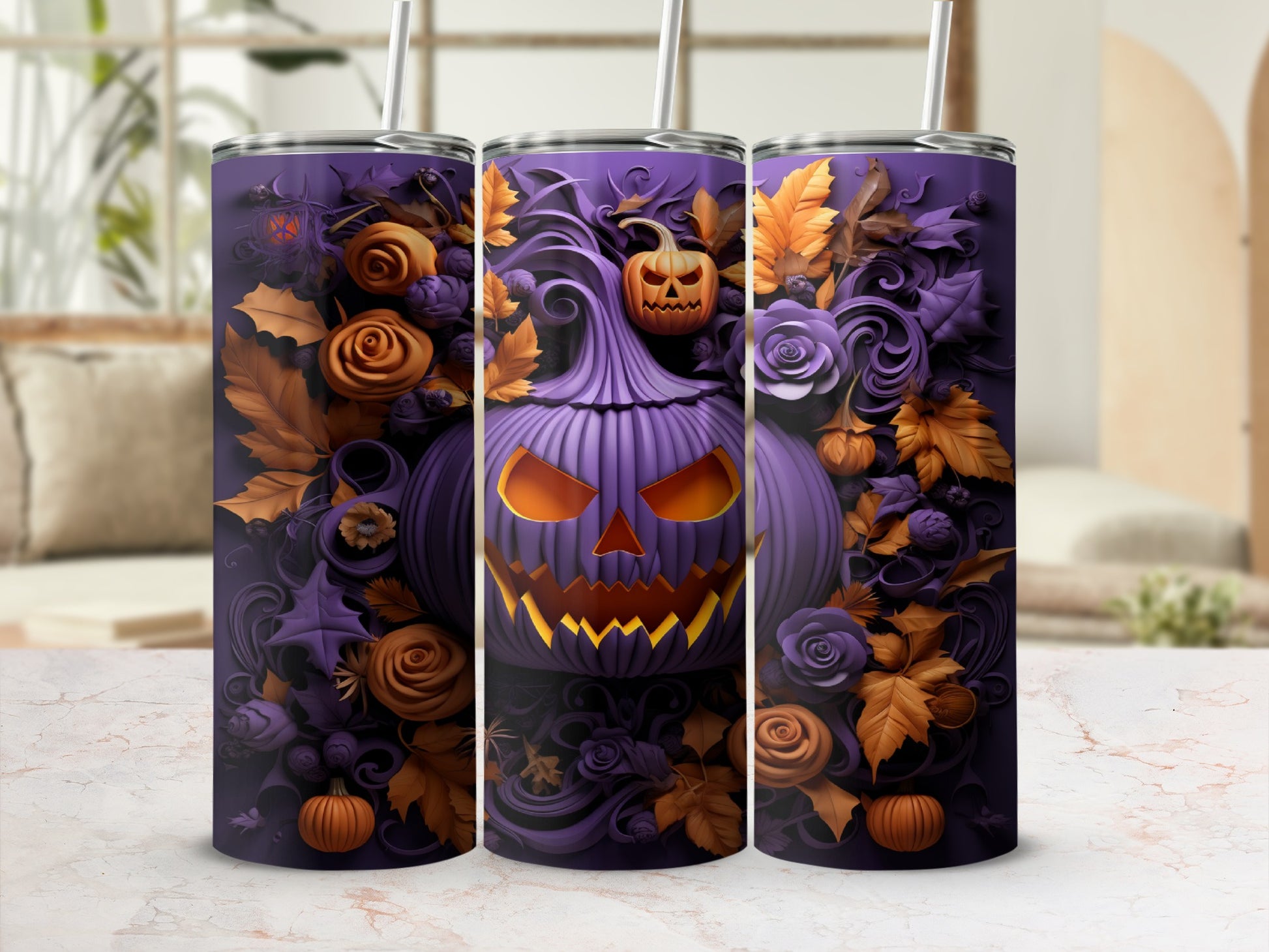 Purple tumbler with a jack-o'-lantern and autumn leaves design.