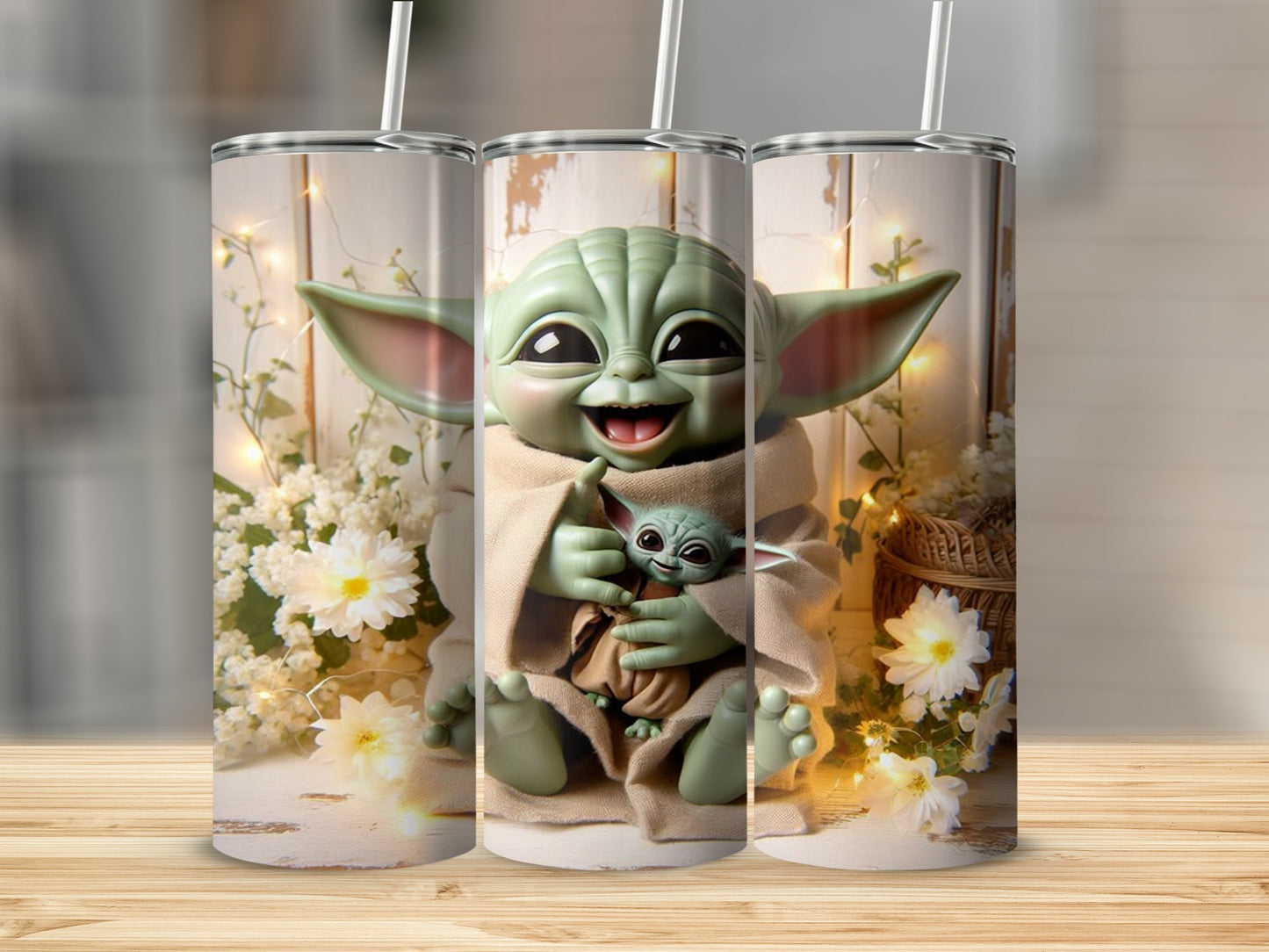 Cute Baby Yoda Themed Floral Design Tumbler Product
