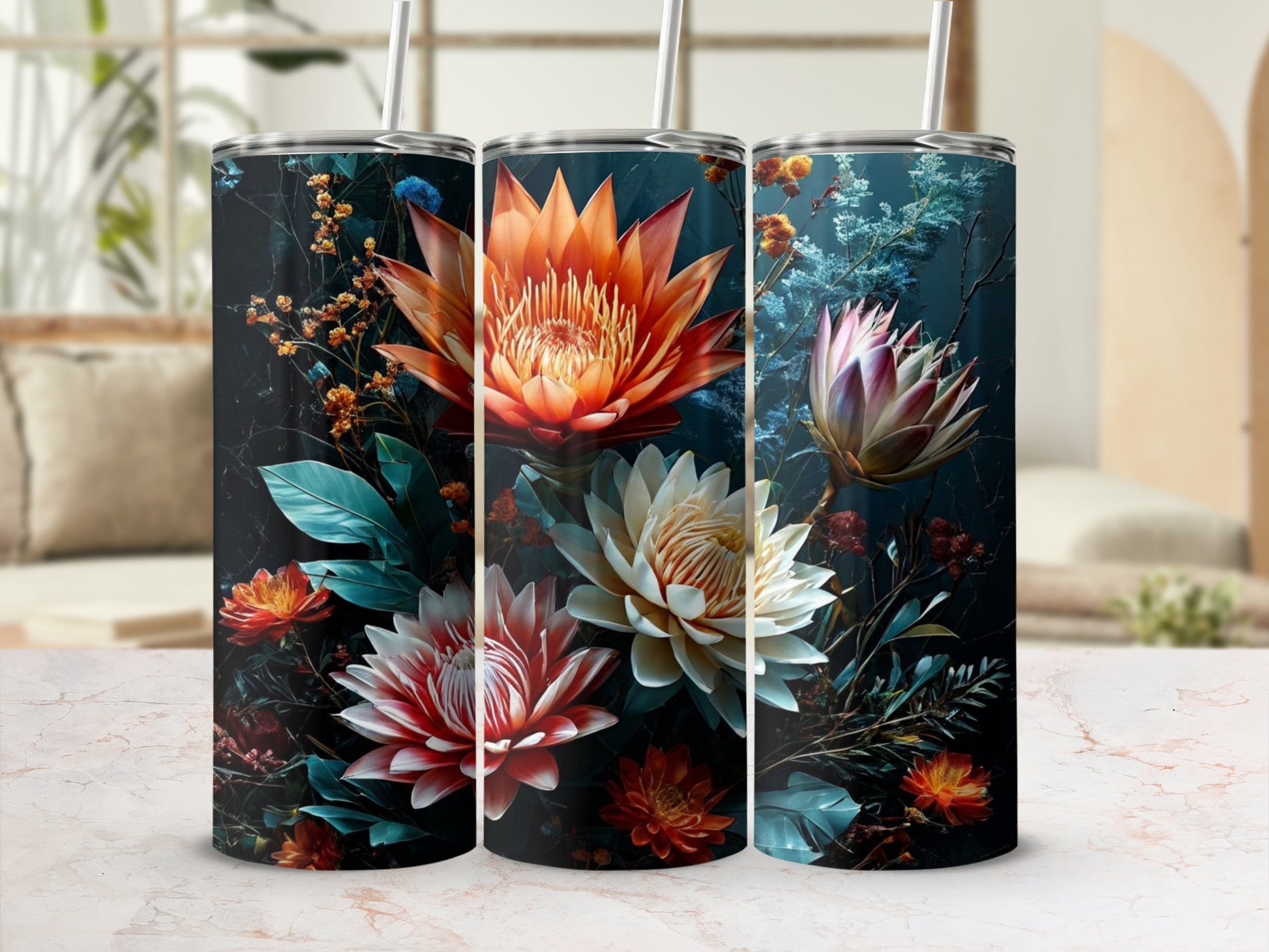 Floral pattern with orange and white water lilies and dark foliage on tumblers.