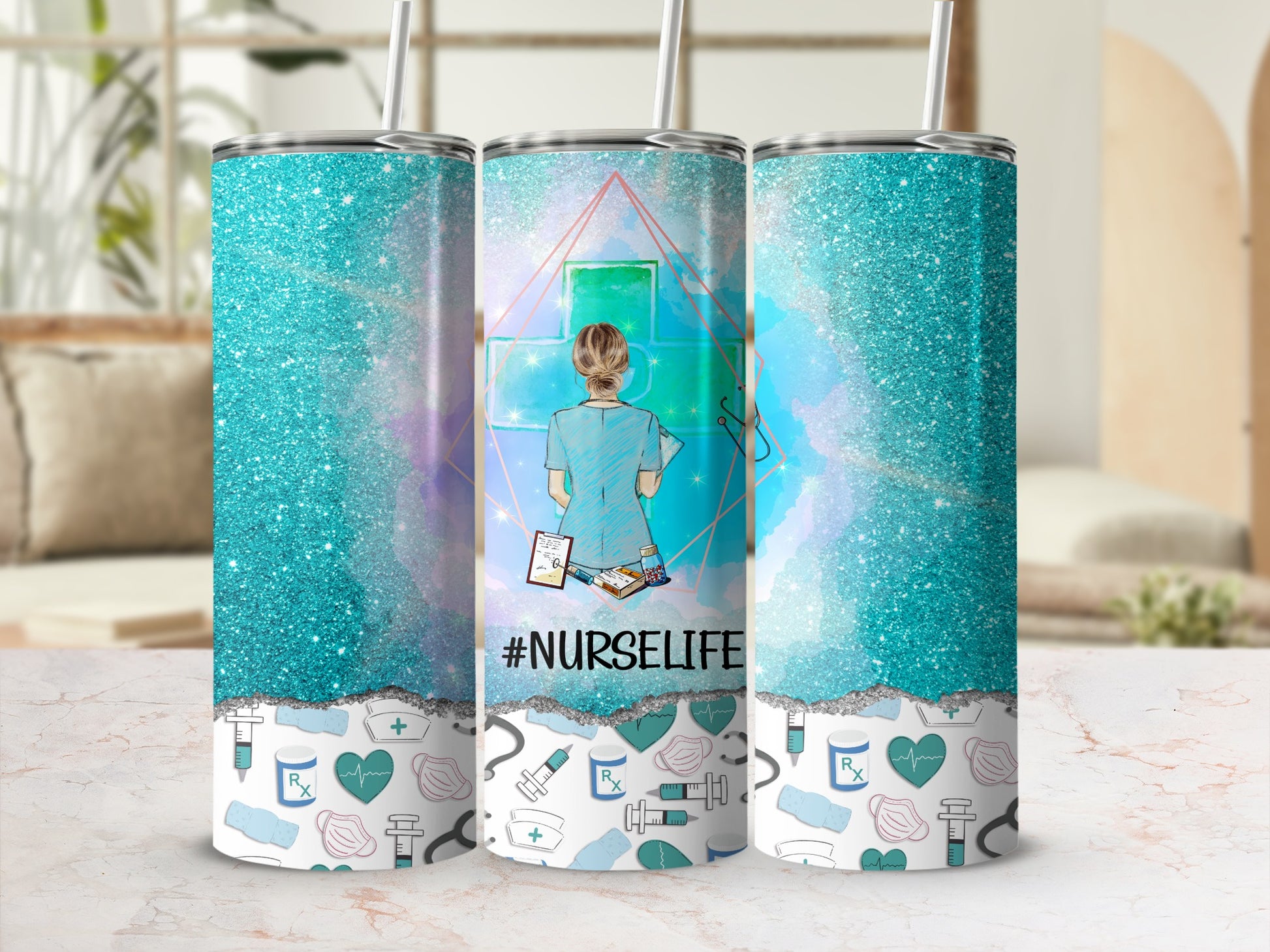 Glitter tumbler with nurse cross, stethoscope, and #NURSELIFE text.