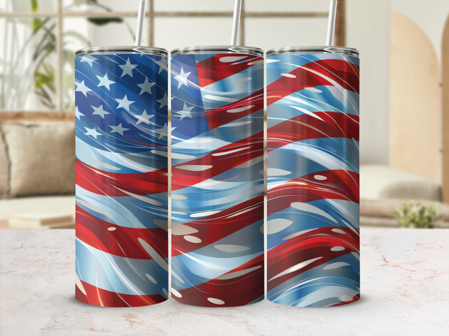 Triptych of tumblers featuring an abstract American flag design.