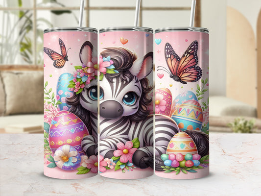 Pink tumbler with cute zebra, Easter eggs, and butterflies.