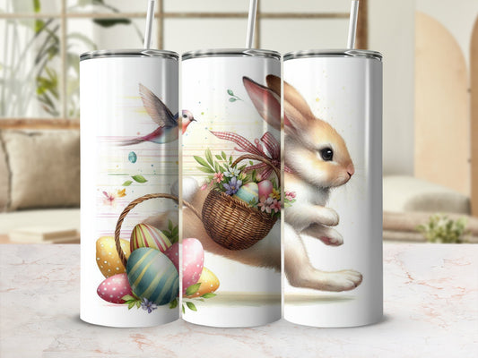 Easter bunny with basket of colorful eggs and bird, springtime design.