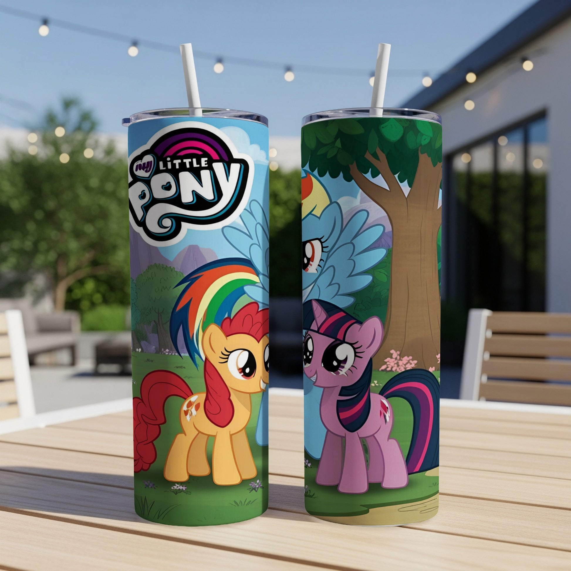My Little Pony tumblers featuring Rainbow Dash and Twilight Sparkle characters.