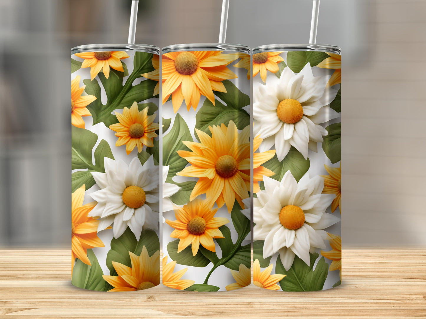 Yellow and White Daisy Floral Design Insulated Tumbler
