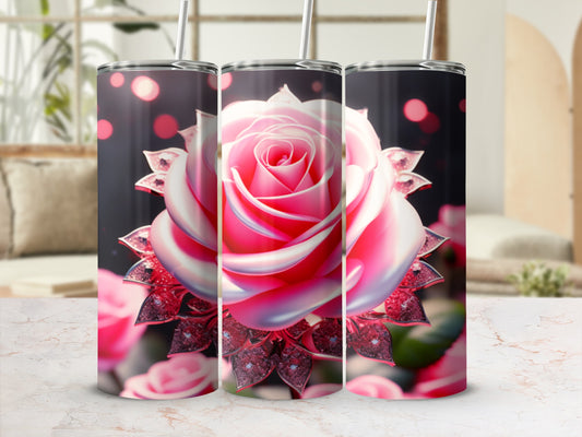 Three tumblers featuring a pink and white rose design with glitter accents.