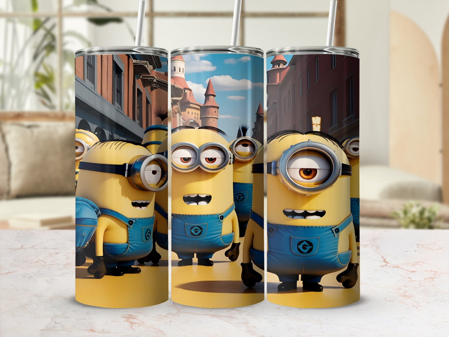 Three Minions in blue overalls standing against a cityscape background.