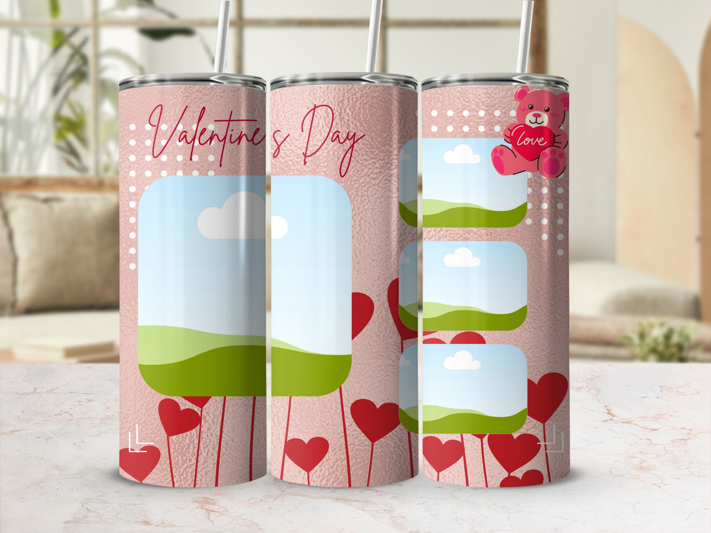 Pink tumbler with "Valentine's Day" text, teddy bear, and heart designs.