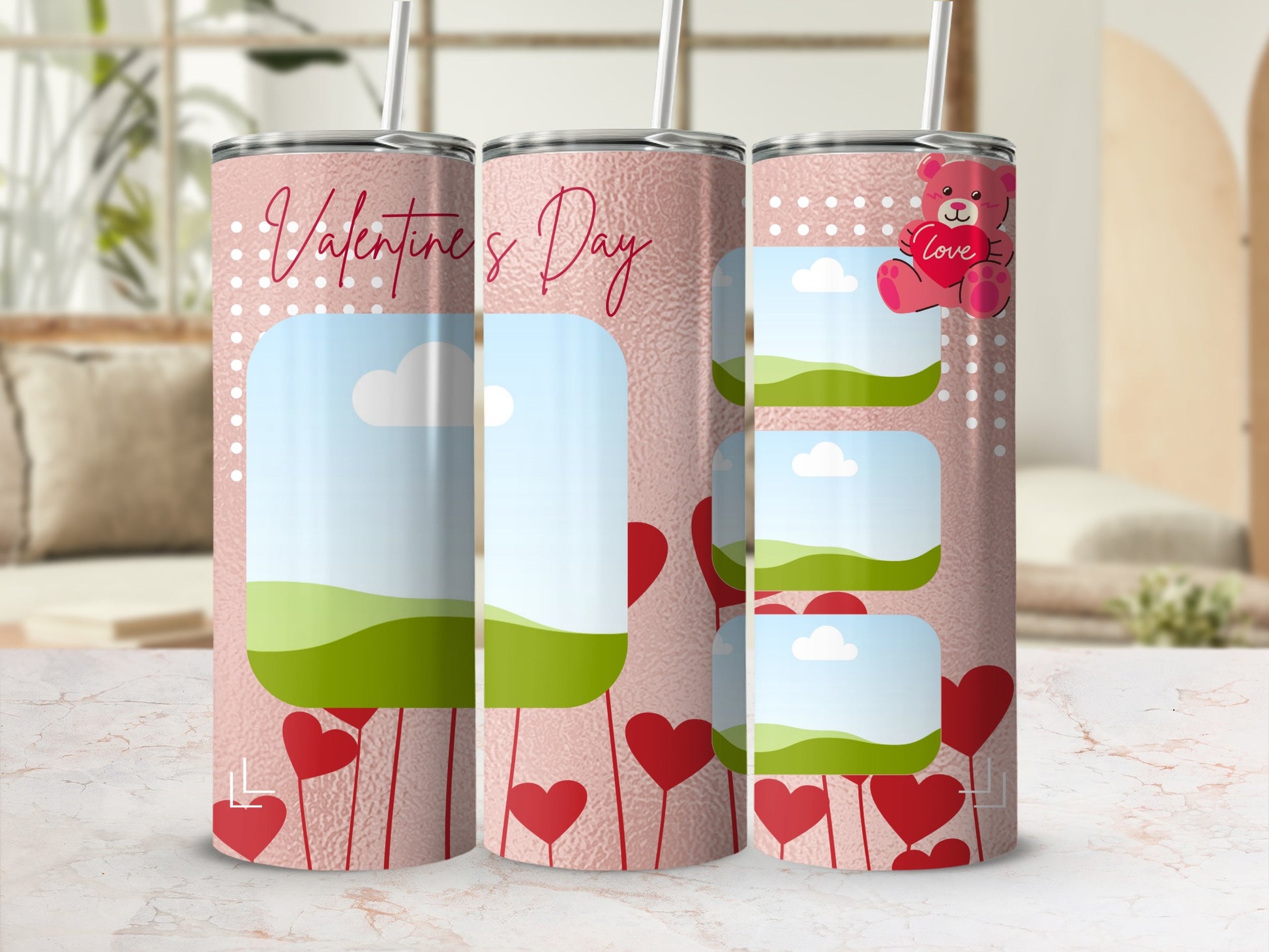 Pink tumbler with "Valentine's Day" text, teddy bear, and heart designs.