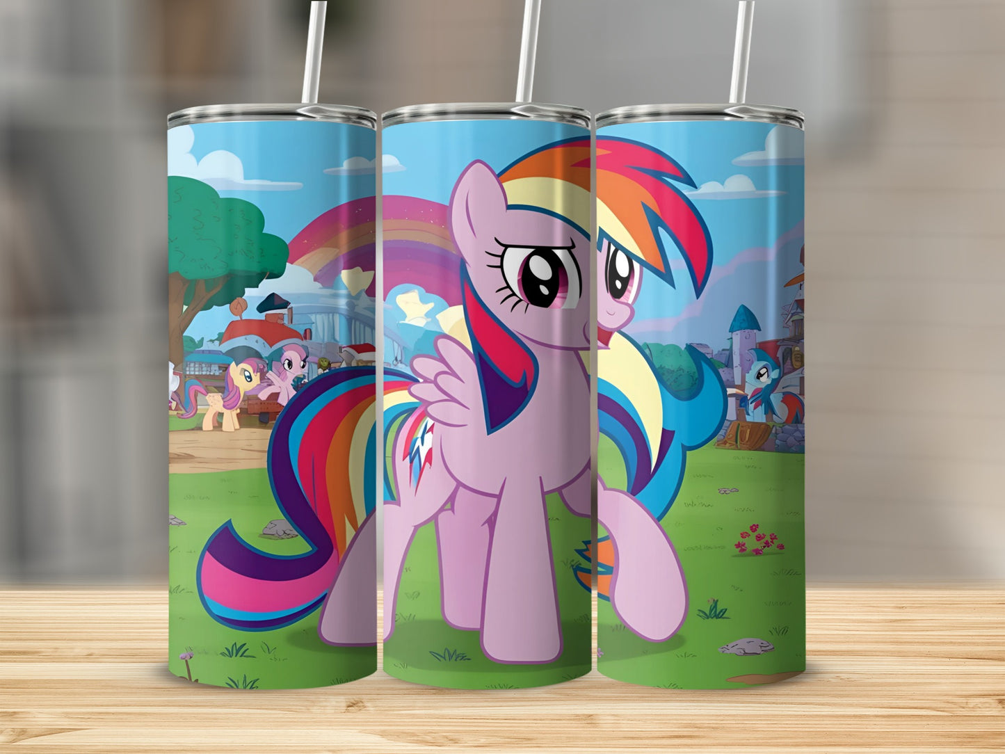 My Little Pony characters Rainbow Dash and Applejack on colorful tumbler.