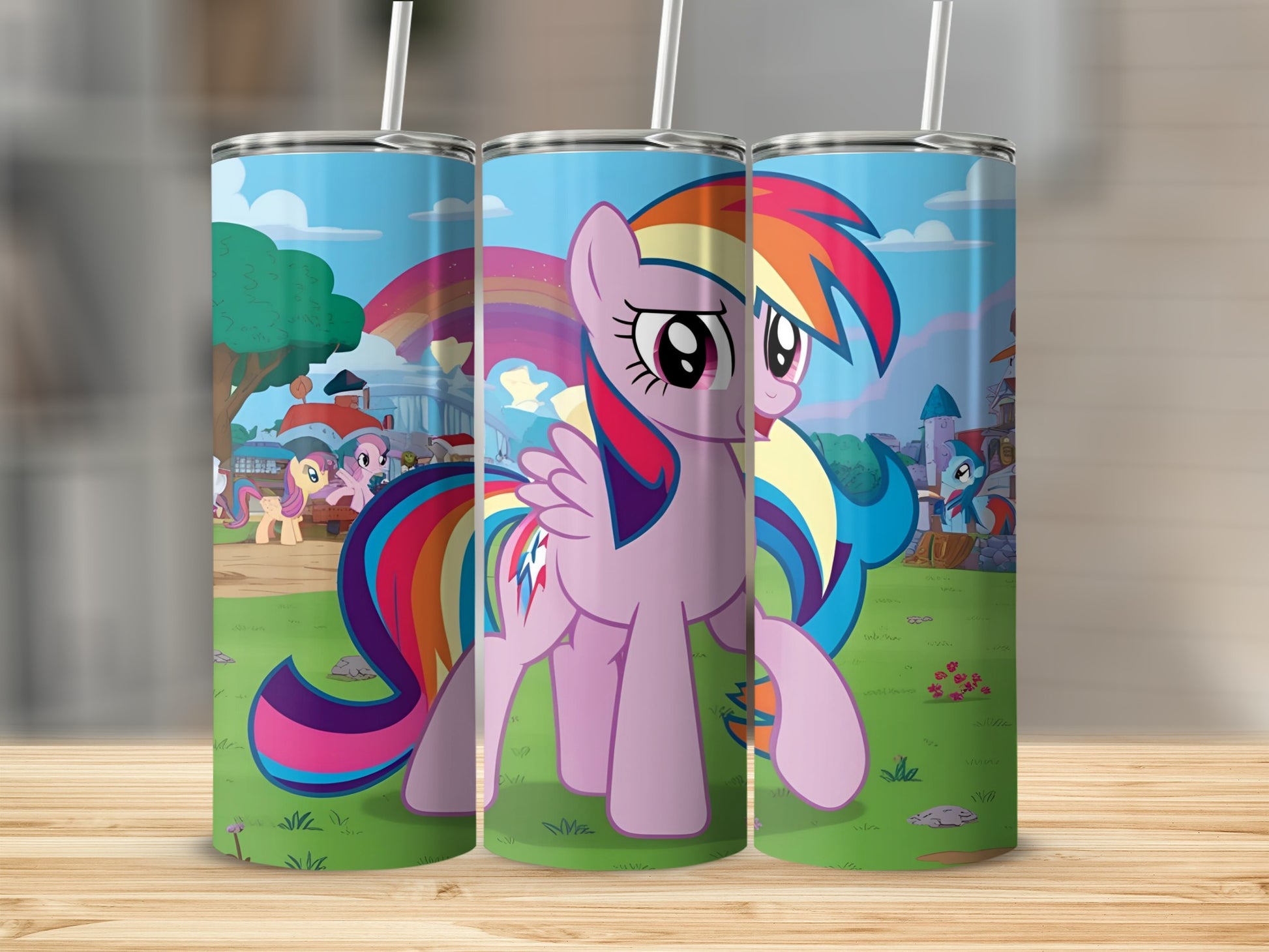 My Little Pony characters Rainbow Dash and Applejack on colorful tumbler.