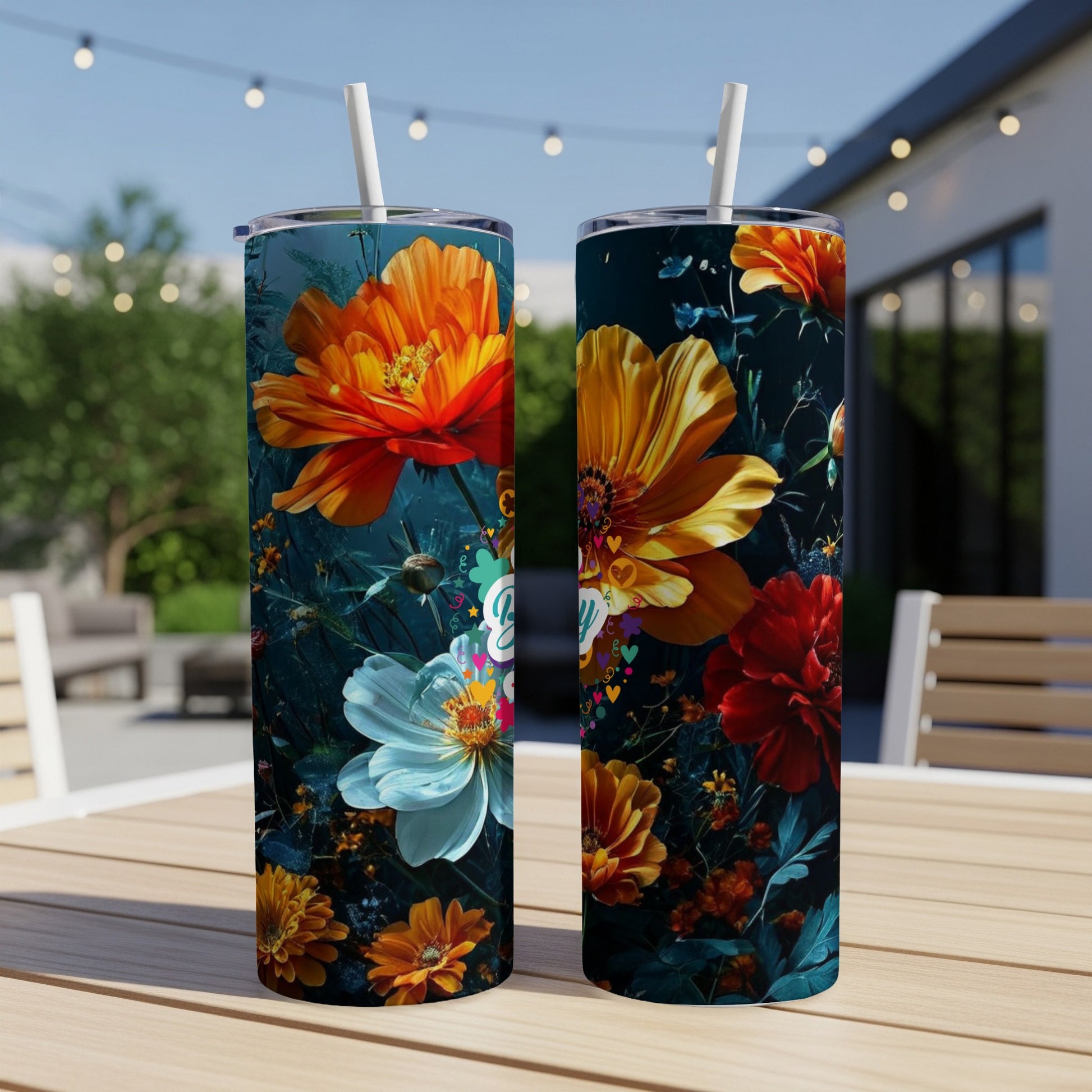 Two tall tumblers with vibrant floral designs and straws, set on a table outdoors.
