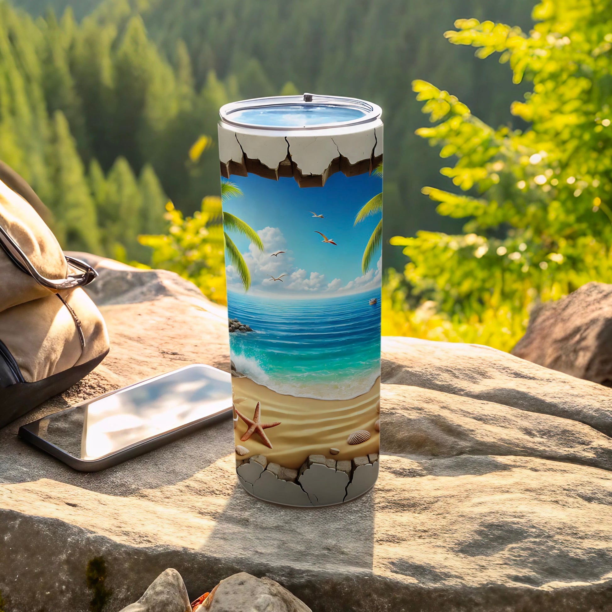 Cracked tumbler with beach scene, ocean, starfish, and palm trees.