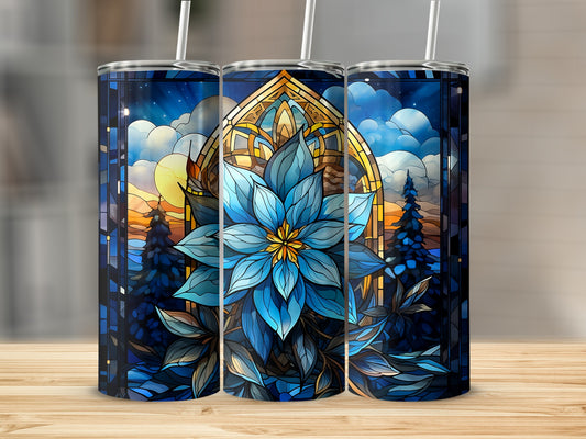 Blue poinsettia stained glass design on three tumblers.