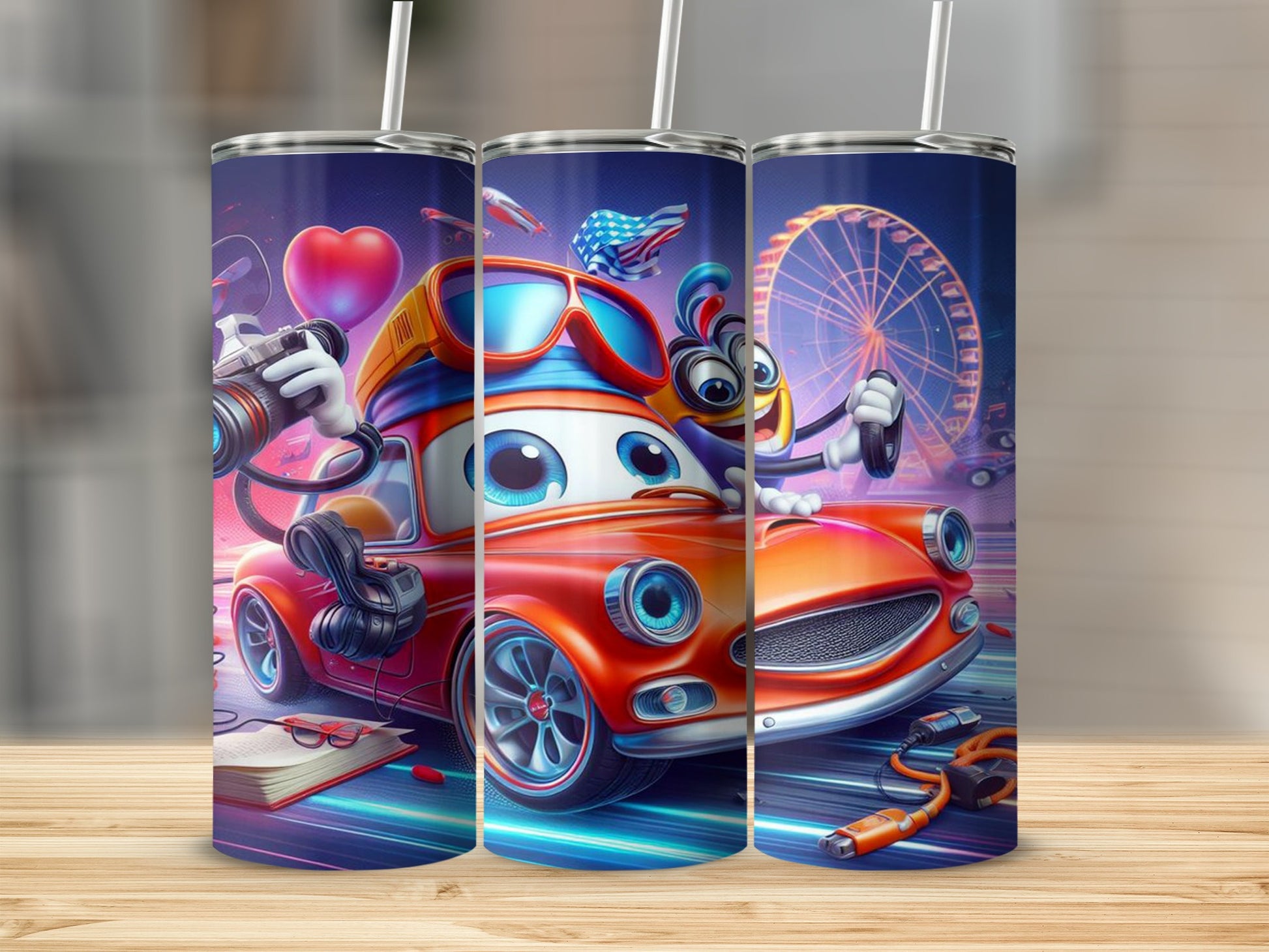 Colorful Cartoon Car and Camera Design Tumbler Product