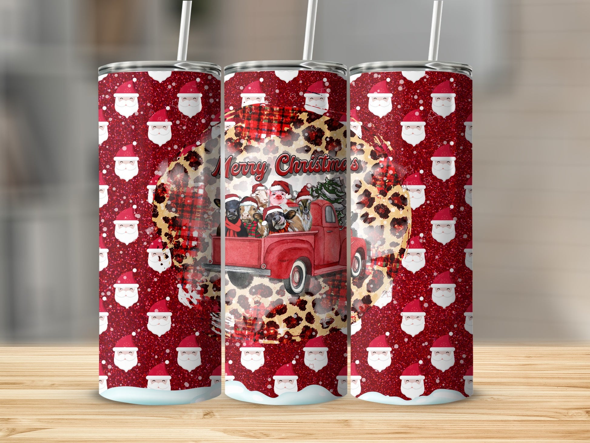 Three tumblers with red glitter, Santa faces, and a truck with dogs.