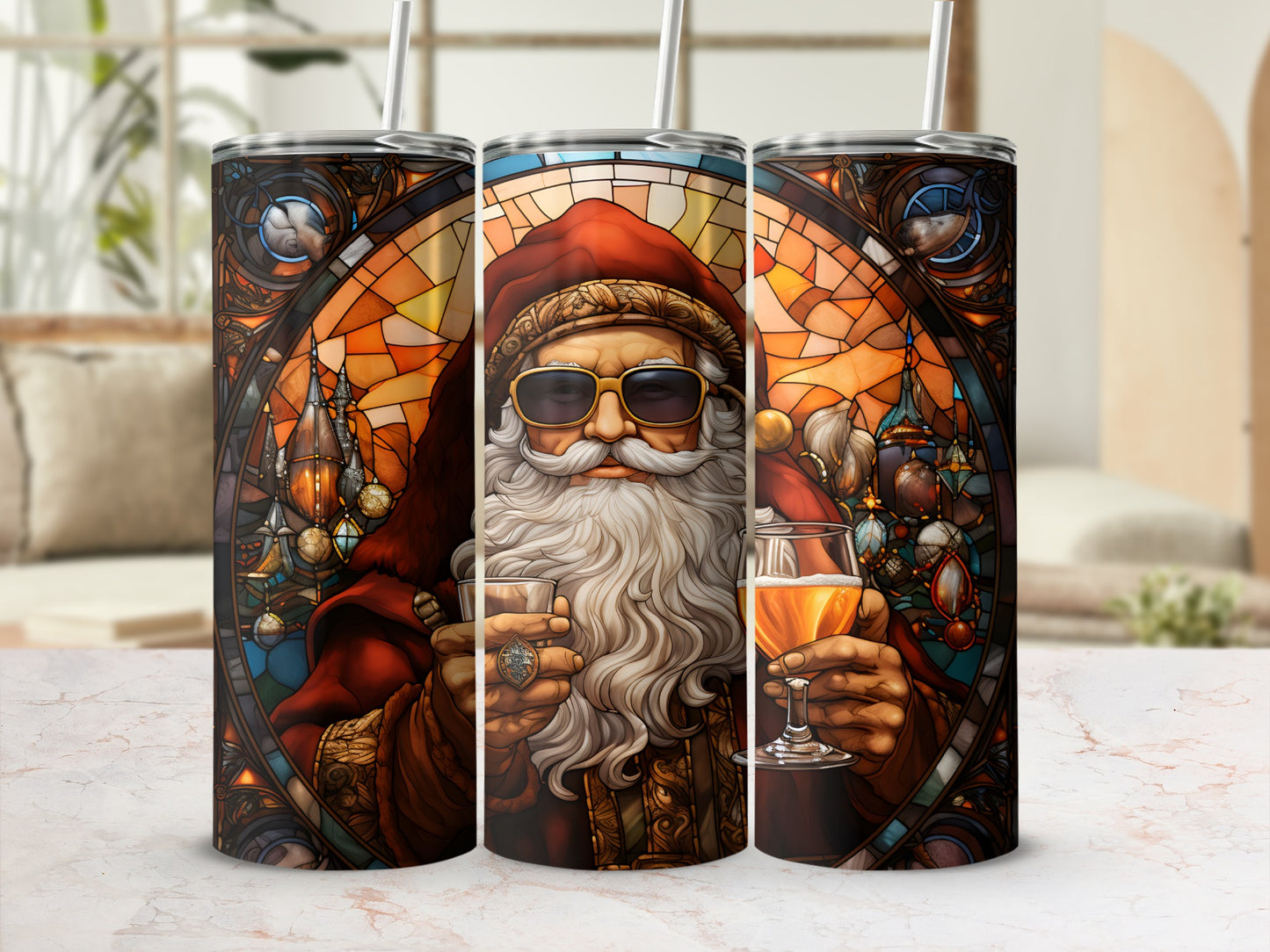 Santa Claus wearing sunglasses, holding a drink, in a stained-glass style tumbler.