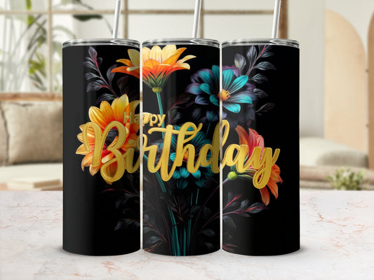 Black tumbler with "Happy Birthday" text and colorful floral design.