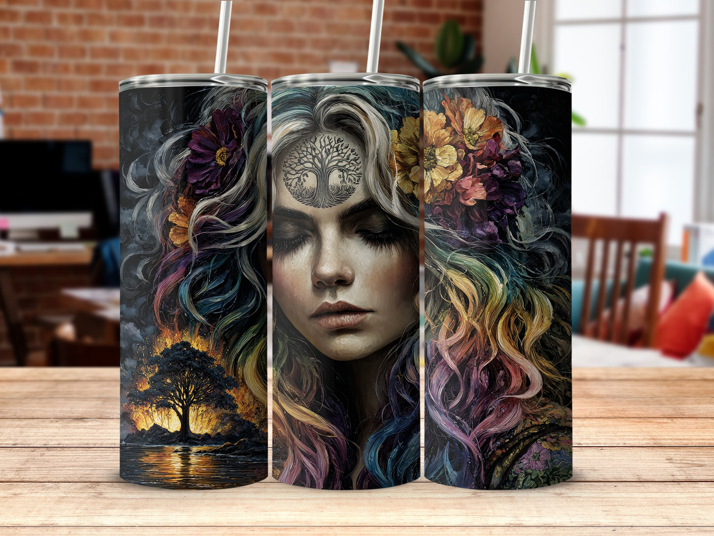 Fantasy Woman with Colorful Floral Hair Tumbler