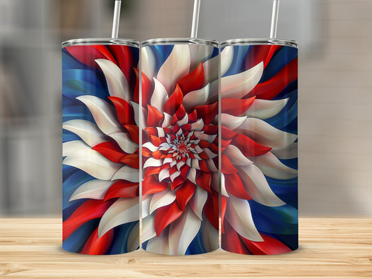 Three tumblers with red, white, and blue floral fractal design.