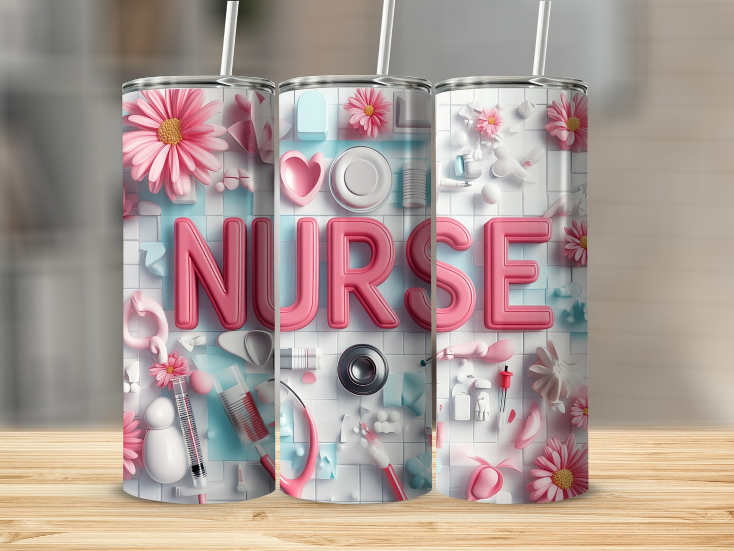 Pink "NURSE" text surrounded by medical icons and floral elements on tumblers.
