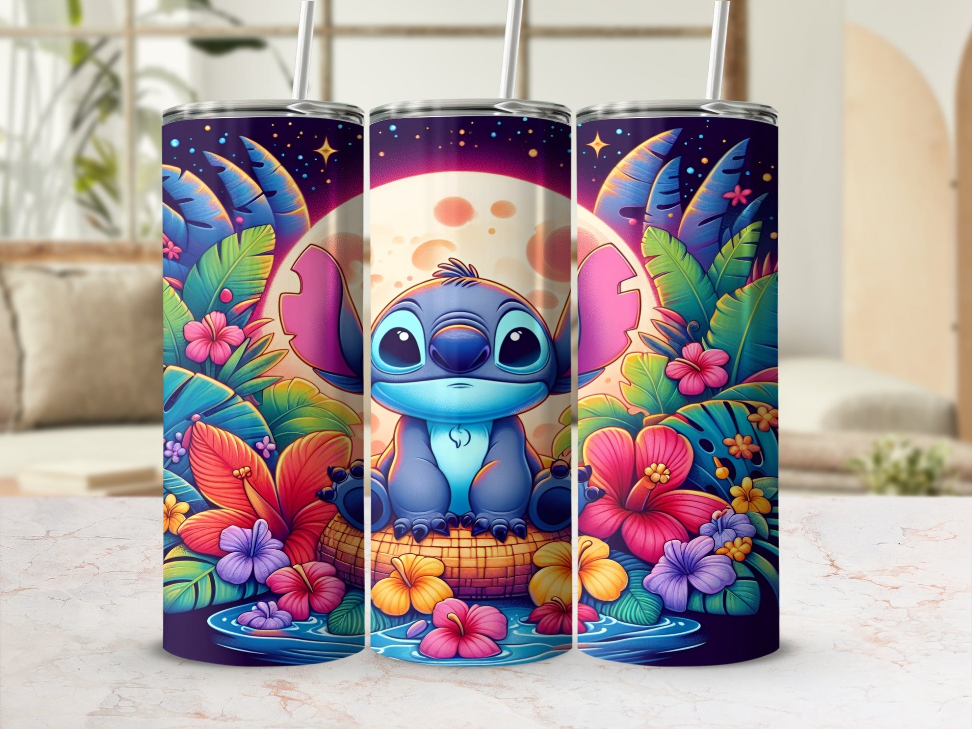 Stitch character in colorful jungle scene with moon, hibiscus flowers, and tropical leaves.
