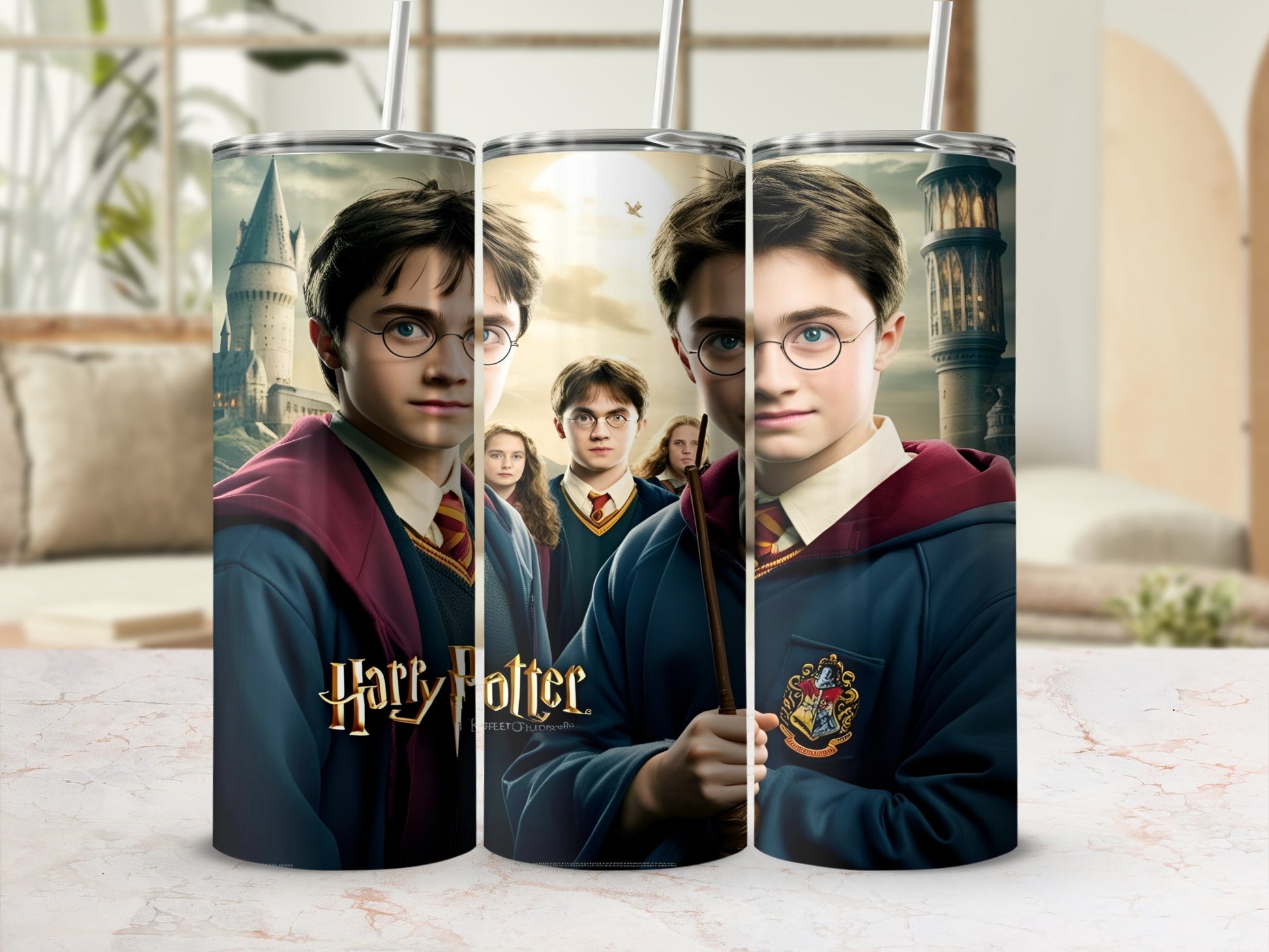 Harry Potter characters on a tumbler with Hogwarts Castle in background.
