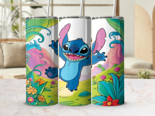 Blue Stitch character with outstretched arms on a colorful, floral background.