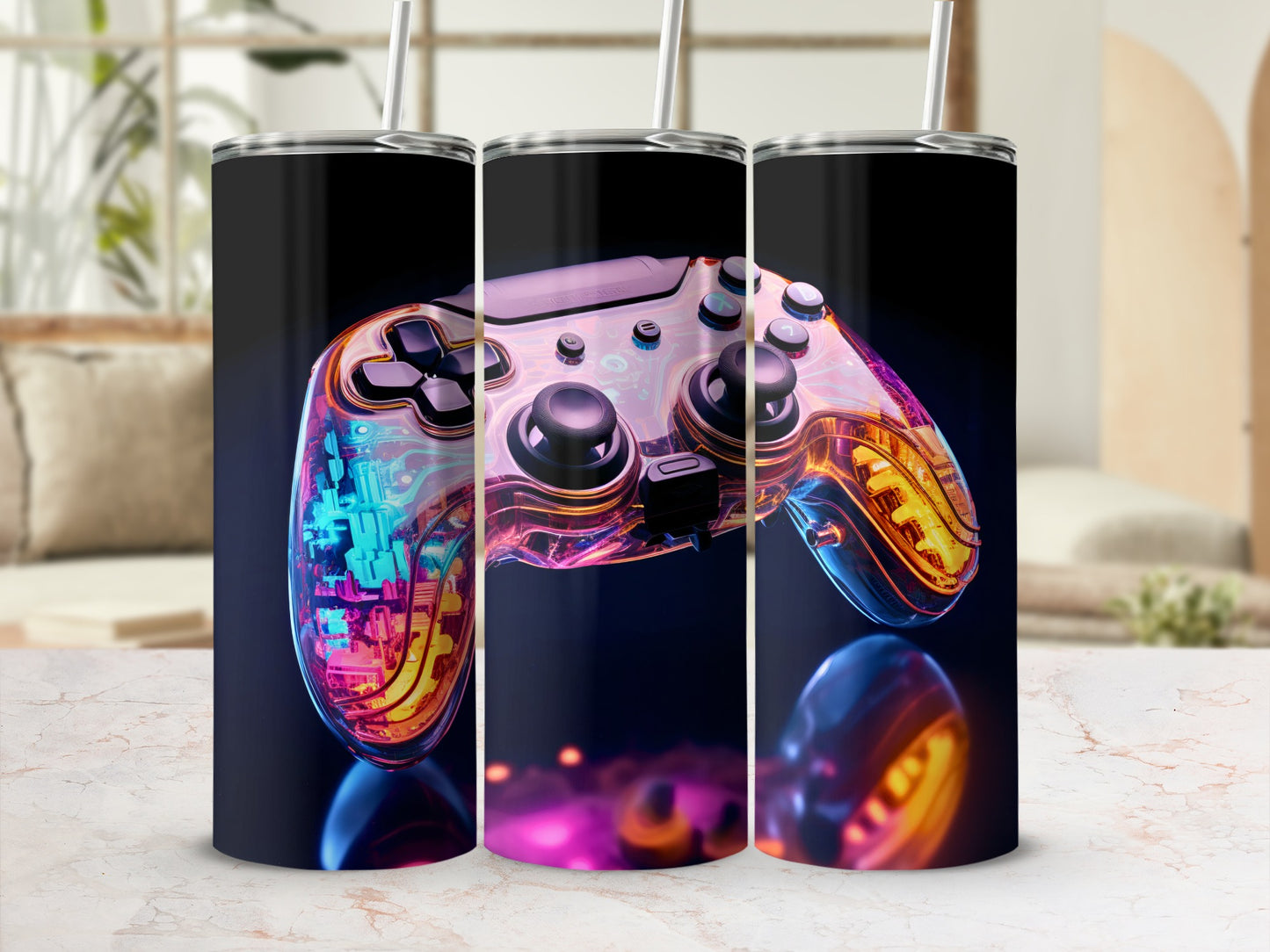 Gaming controller tumbler with vibrant neon lights on a marbled surface.