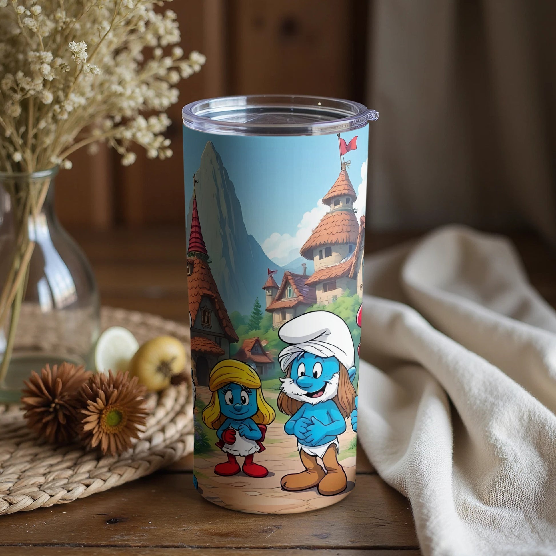 Smurfs Village Themed Tumbler With Lid Cartoon Characters