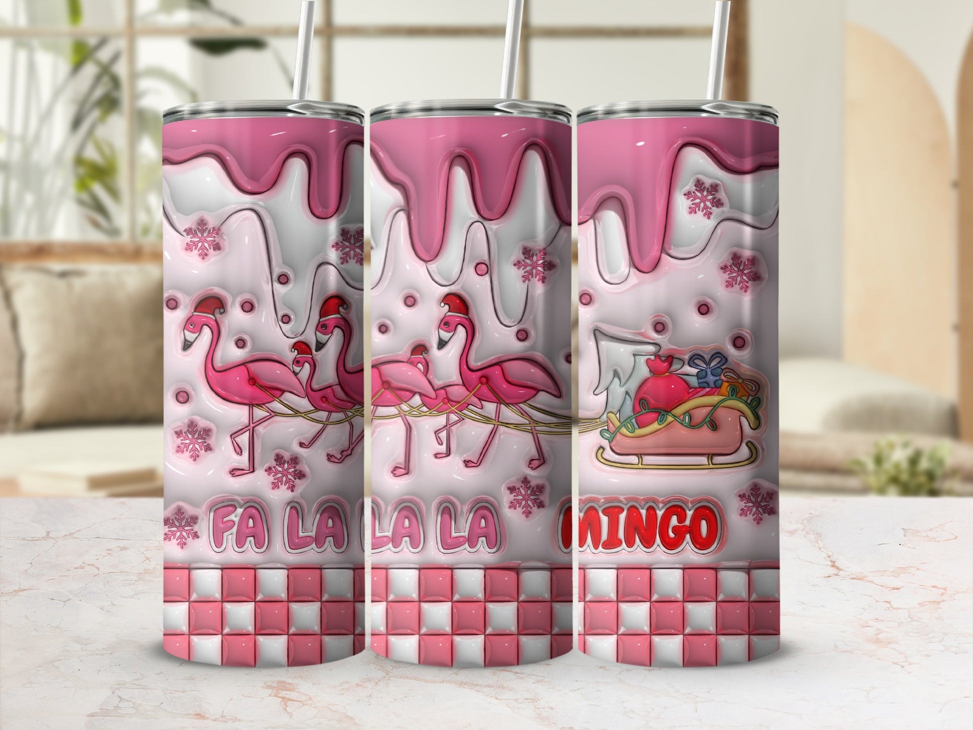 Pink Flamingo Christmas Holiday Theme Tumbler Cup