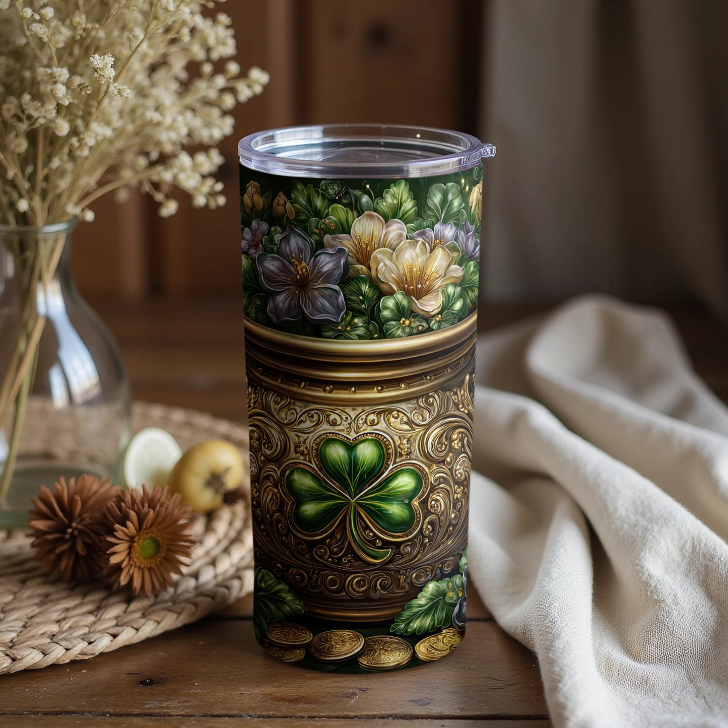 St. Patrick's Themed Tumbler with Detailed Floral Design
