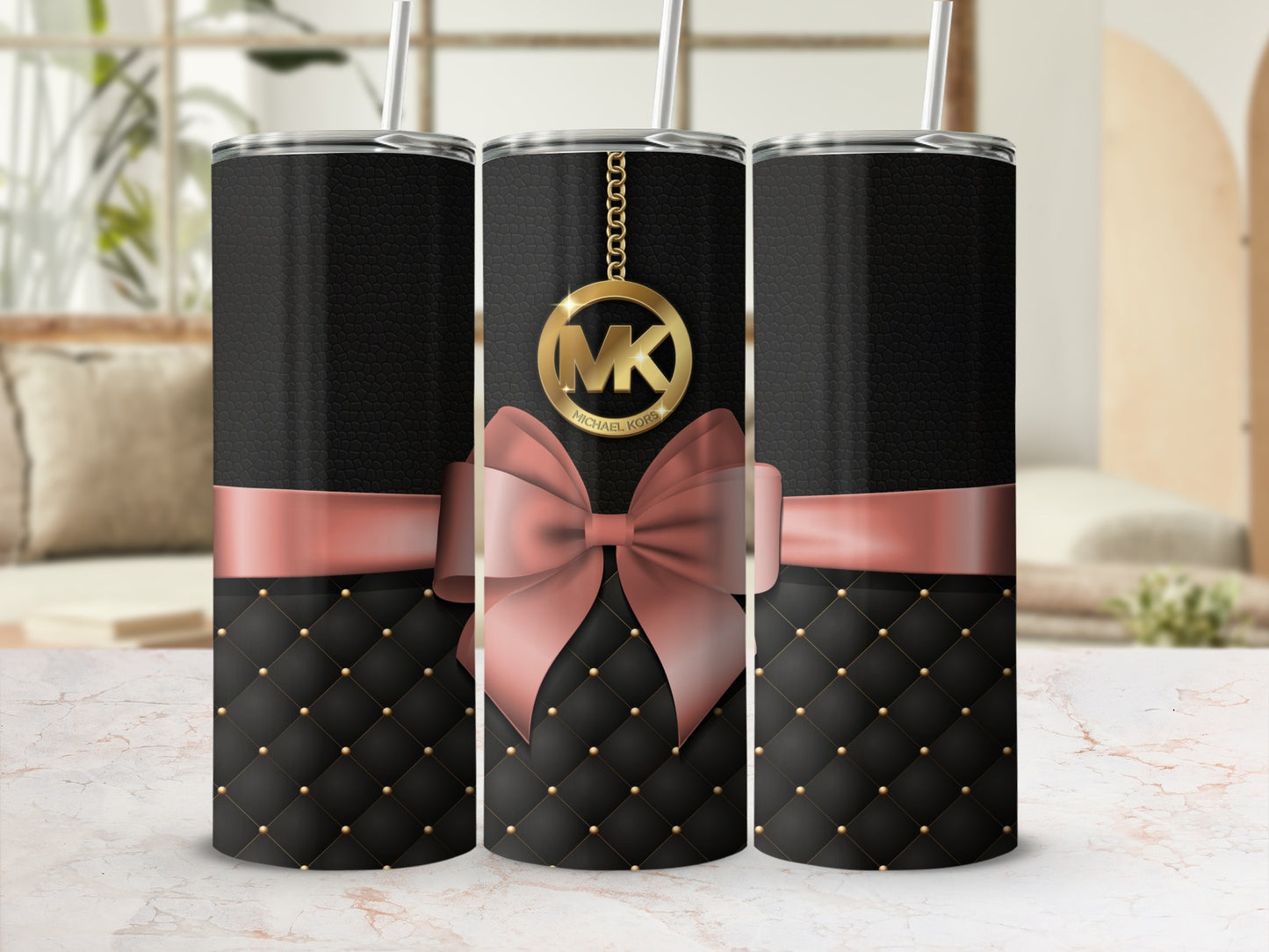 Elegant Black and Pink Tumbler with Bow and Gold Accents