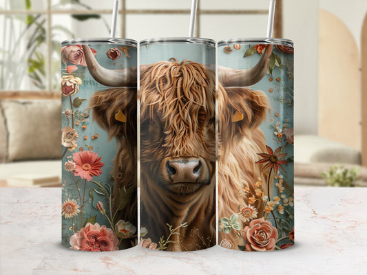 Highland cow with floral accents on a blue background.